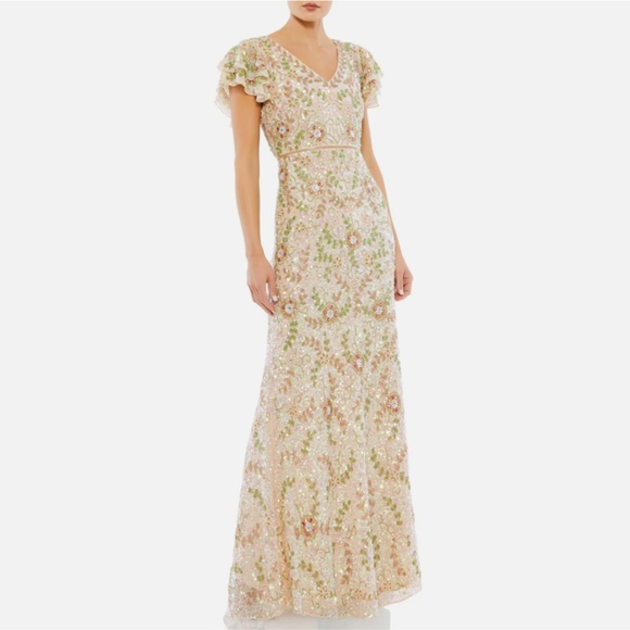 NWT $698 Mac Duggal [ 16 ] Embellished Ruffled Cap Sleeve V-Neck Gown Nude Iride - Picture 15 of 16